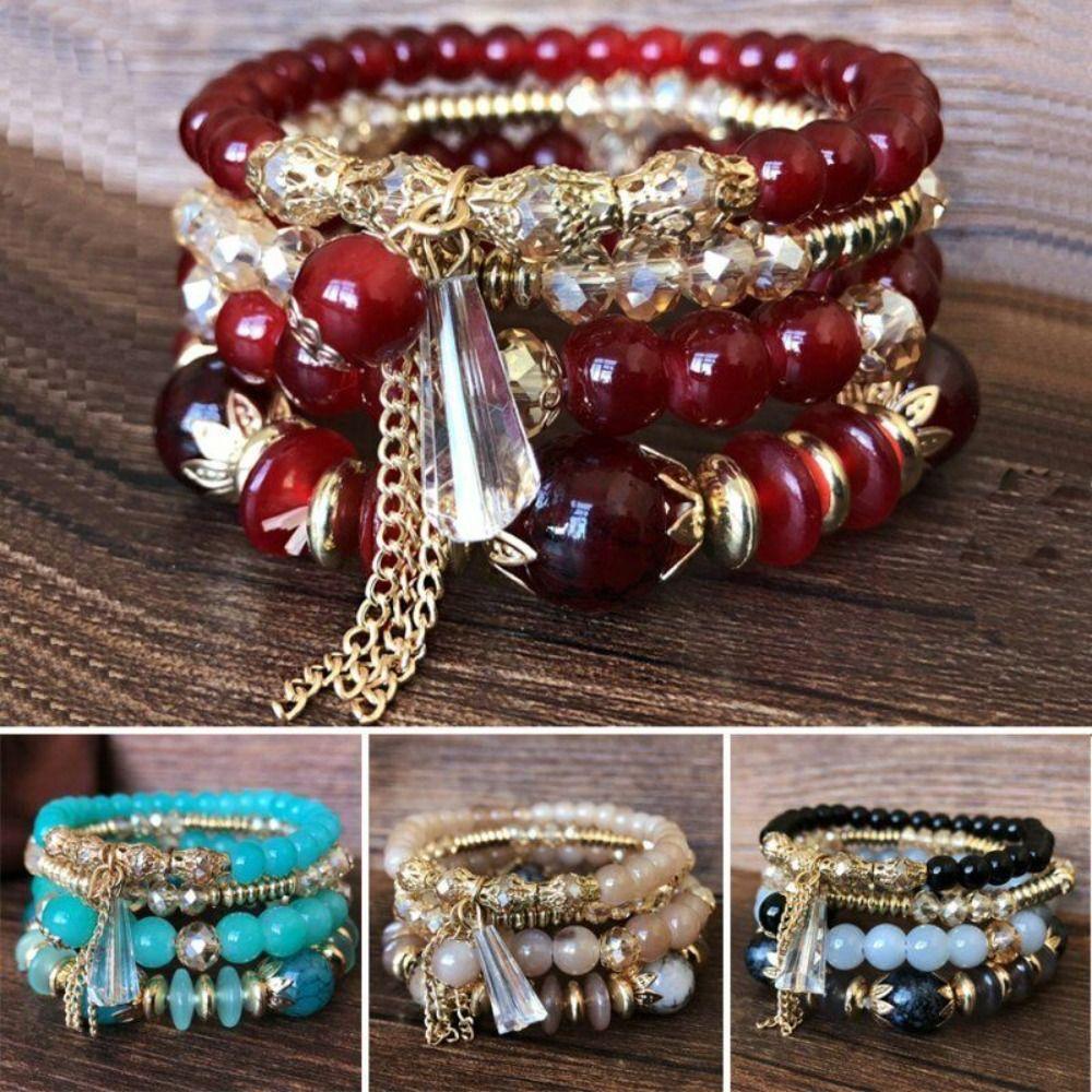 Fringed Design Bracelets Set Electroplated Crystal Beaded Bracelet  Fashion Accessories