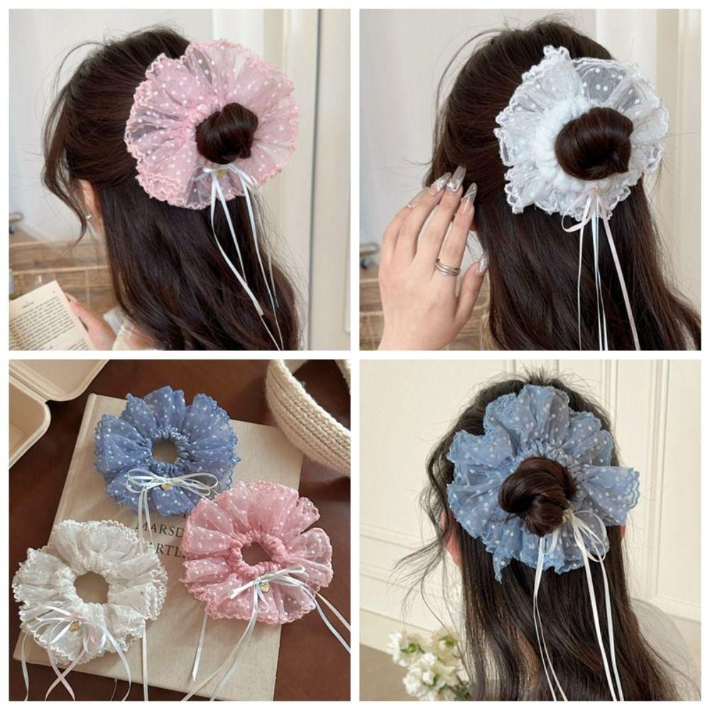 Bow Polka Dot Scrunchies Chiffon Oversized Hair Ropes Elastic Pleated Scrunchies Ponytail Holder