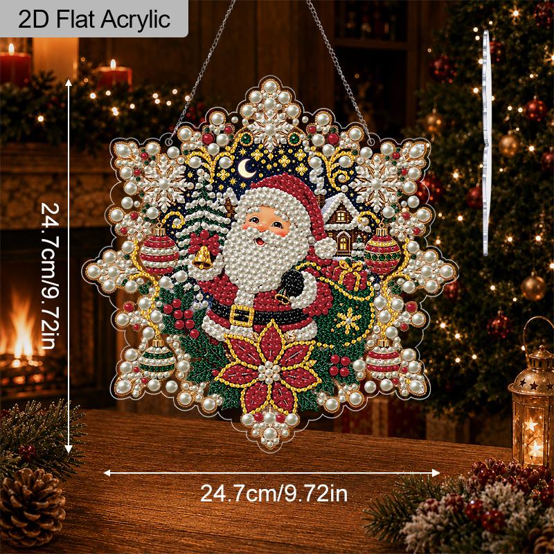 Christmas Acrylic Pearl Ornament Kit, DIY Suncatchers, 3D Mixed Pearls,7.87/9.72Inch Snowflake Santa, Xmas Decor & Gifts
