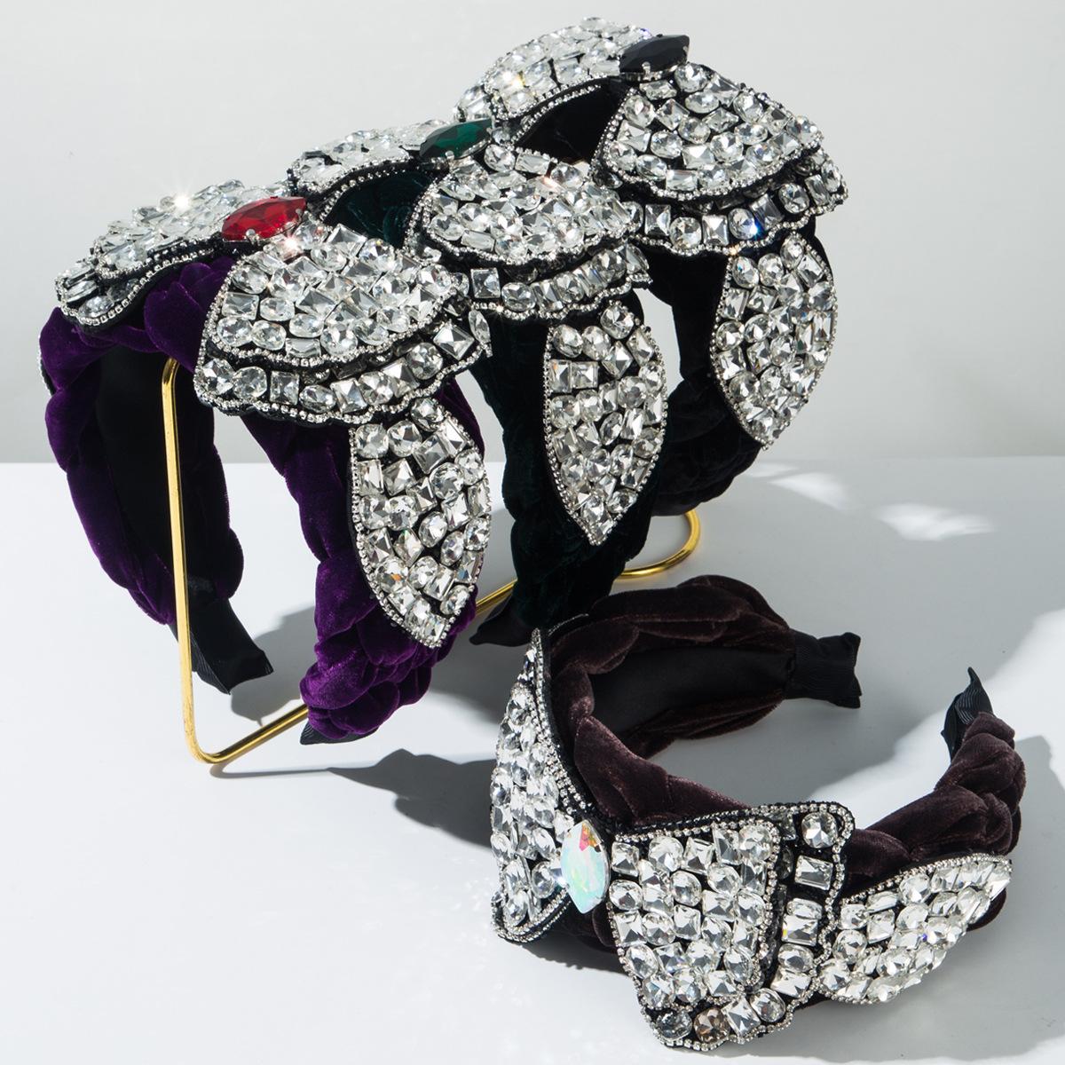 

New Fashion Baroque Velvet Braided Headband with Full Diamond Bow Light Luxury Gorgeous Headband чёрный