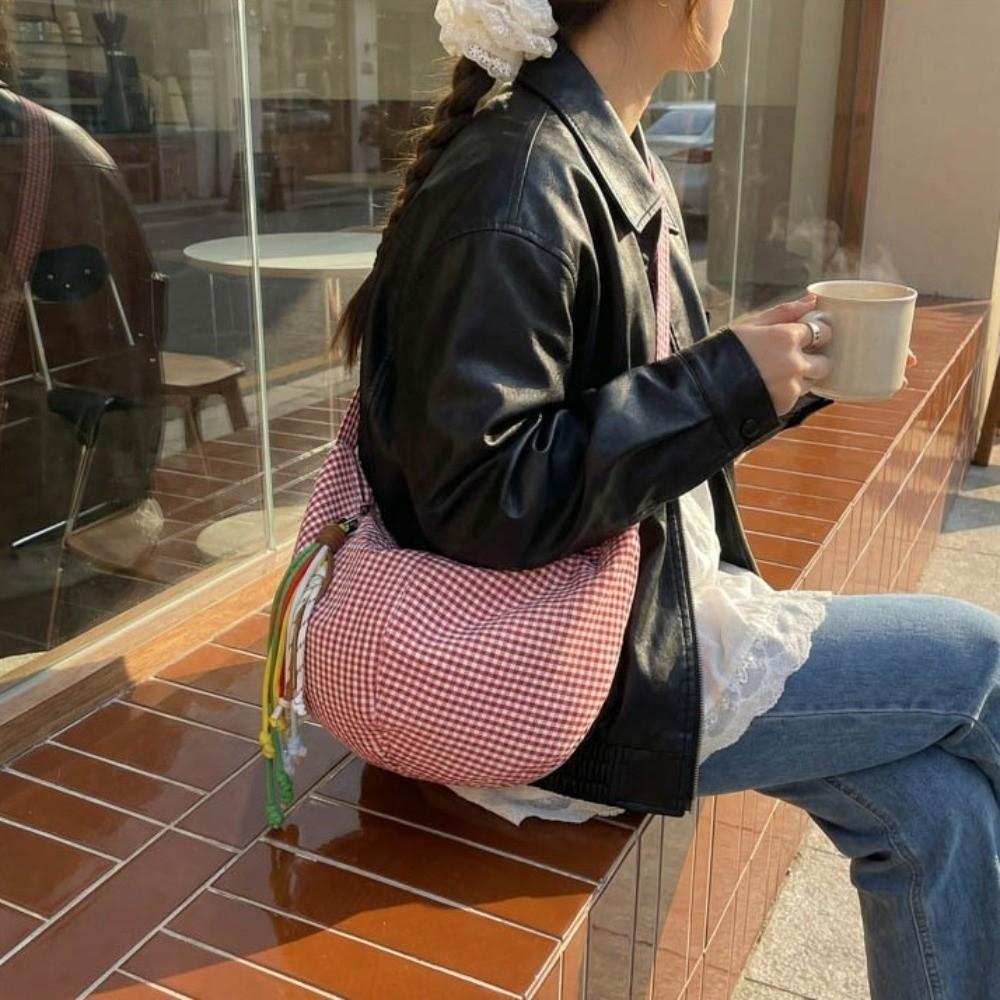 Large Capacity Dumpling Bag Zipper Crossbody Bag Simple Plaid Shoulder Bag  Daily