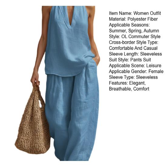 Dámský dvoudílný top s halter výstřihem bez rukávů, outfit s vysokým pasem, kalhoty s V-výstřihem, ležérní volné kalhoty, letní domácí oblečení