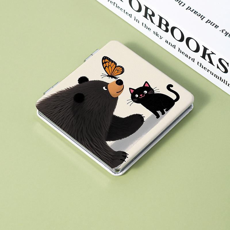 Kitten And Bear Pu Cartoon Handheld Makeup Mirror Portable Mirror Folding Square Double Sided Makeup Mirror