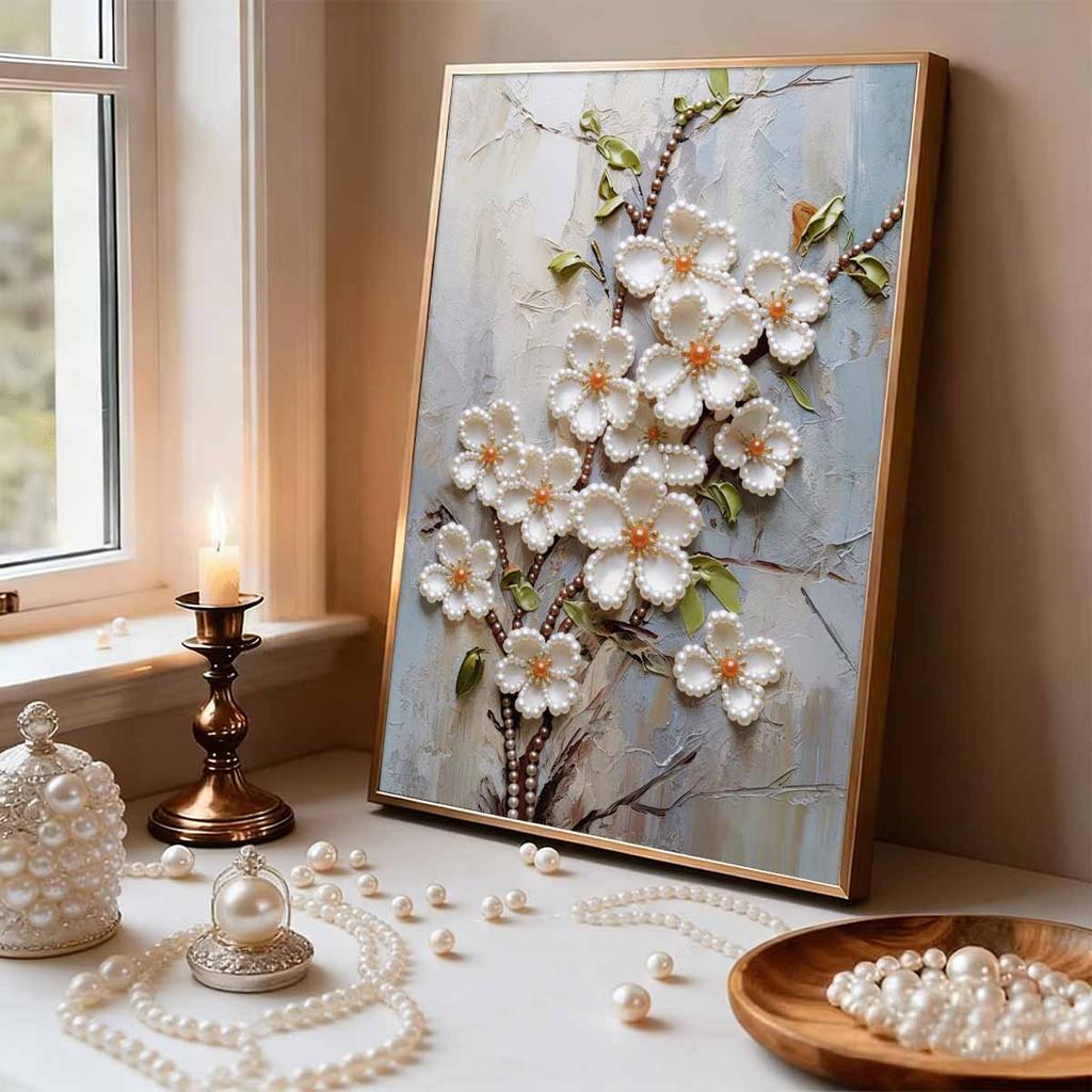 5D Frameless Pearl Painting White Flowers Diy Handmade Sticky Diamond Creative Canvas Art Painting Bedroom Decoration Living Room Hanging Painting