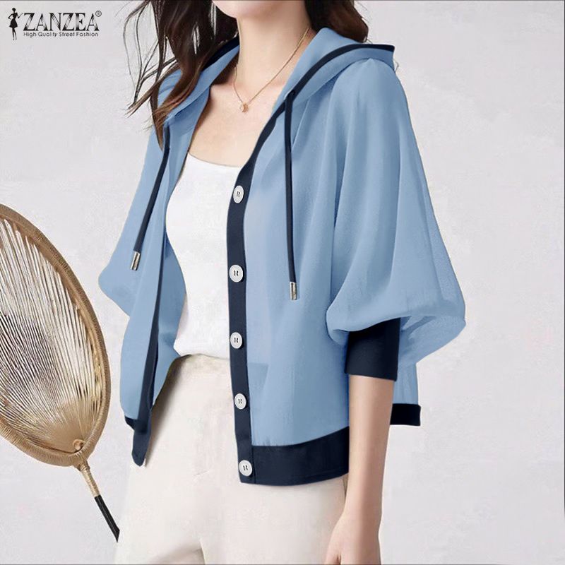 ZANZEA Women Casual See-Through Loose 3/4 Sleeve Hoodies Cover Up Blouse