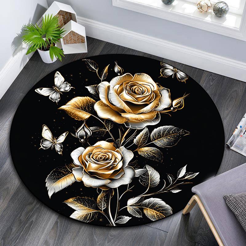 Golden Roses and Butterflies Round Area Rug,Carpet Rug for Living Room Bedroom Sofa Playroom Decor,Non-slip Floor Mat