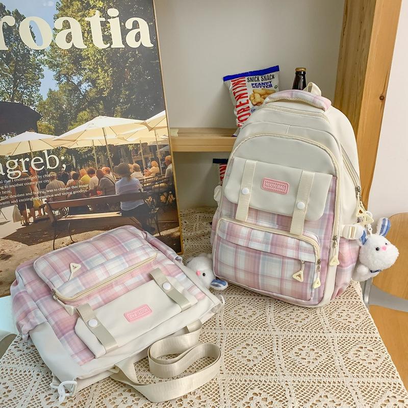 Schoolbag New College Style Women's Plaid Contrast Color Large Capacity Backpack Junior High School Students Elementary School Students Two-piece