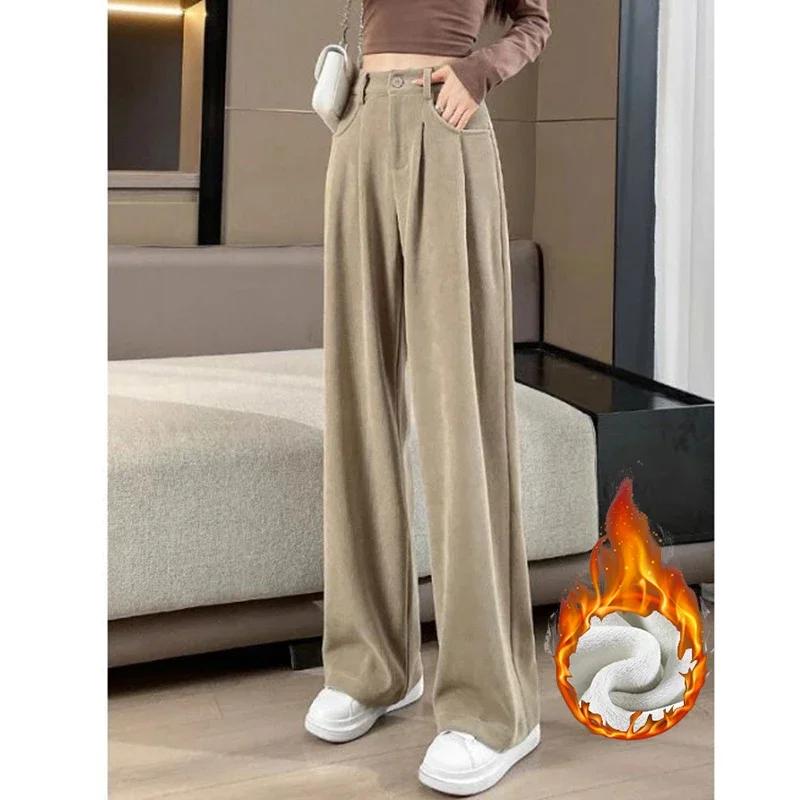 Autumn Winter Lady Snow Warm Pants Classic Fleece High Waist Trousers Women Straight Leg Plush Thermal Casual Pants