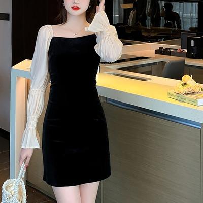 Women's Spring and Autumn New Long Sleeve French Retro Square Collar Puff Sleeve Mid-length Skirt