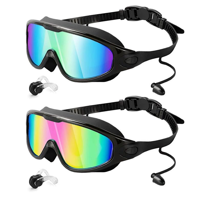 Large Frame Plated Waterproof Anti-Fog Swimming Goggles with One-Piece Earplugs for Men and Women