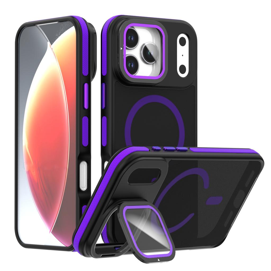 For iPhone 17 Pro Magnetic Case Skin-Touch TPU Acrylic Phone Back Cover with Lens Protector Kickstand