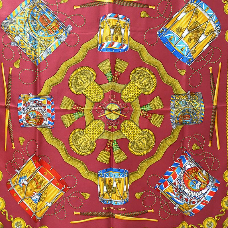 [USED]Hermes scarf for brand Carre Les Tambours Drums of the women, name, 90, (The Tambour), silk, red, stylish.