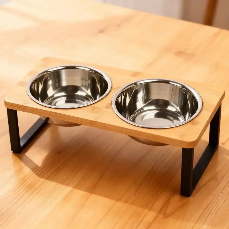 Elevated Cat Bowls 15° Tilted Raised Cat Food Bowls with Wooden Stand Anti Vomiting 2Stainless Steel Bowls for Cats and Puppy