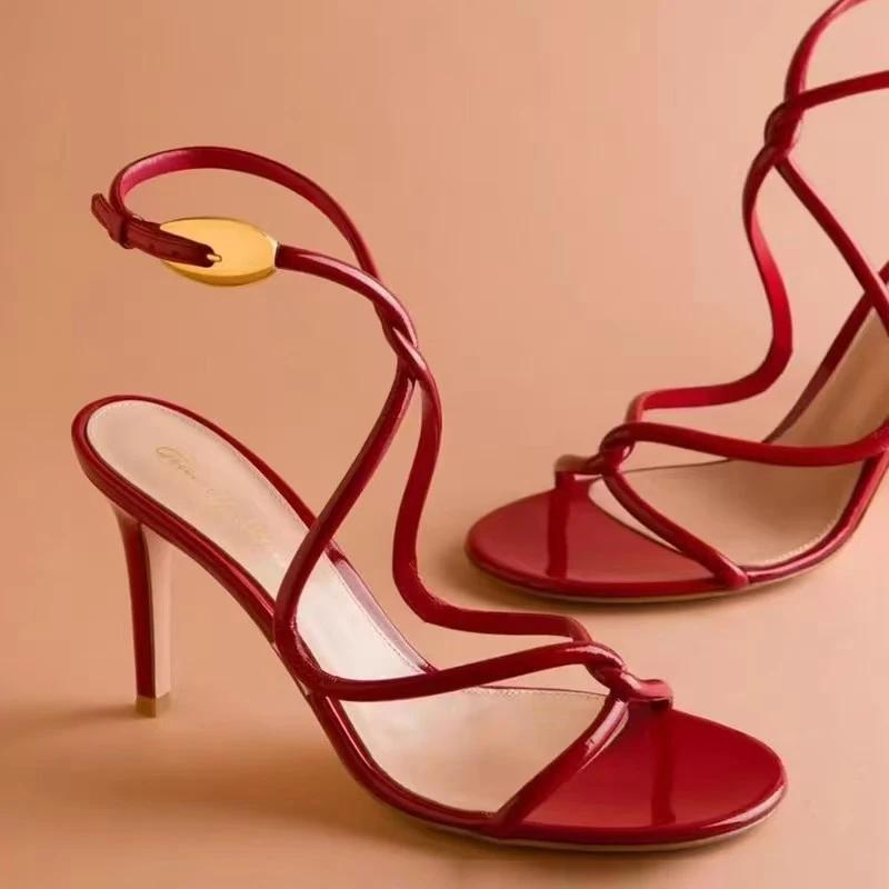 Sexy Open Toe Red High Heels Women Wedding Prom Shoe Summer Cozy Leather Narrow Band Ankle Strap Sandals for Women Zapatos Mujer