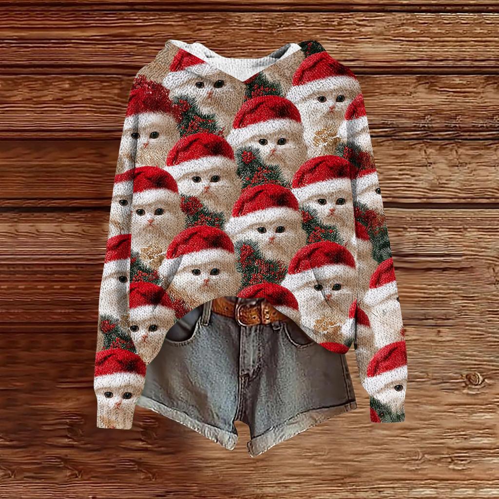 Women's Fashion Casual Long Sleeve Christmas Print Hooded Knitted Sweatshirt