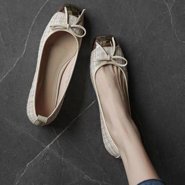 Bow Shallow Mouth Single Shoes Women's Spring and Summer 2025 New Ballet Shoes Soft Sole Metal Flat Shoes Women's Single Shoes