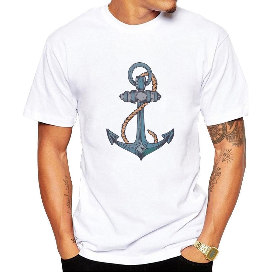 2019 Fashion Summer Mens Hipster ONeck Short Sleeve Sail Anchor Nautical Graphic Printed T Shirt Cool Tee Tops A035