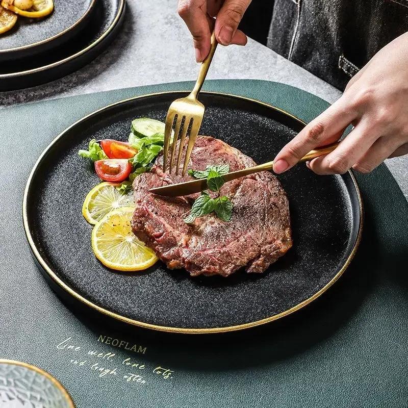 Flat Ceramic Western Dish Household 8-inch Black Non Slip Steak Plate Restaurant Commercial White Circular Pasta Tableware