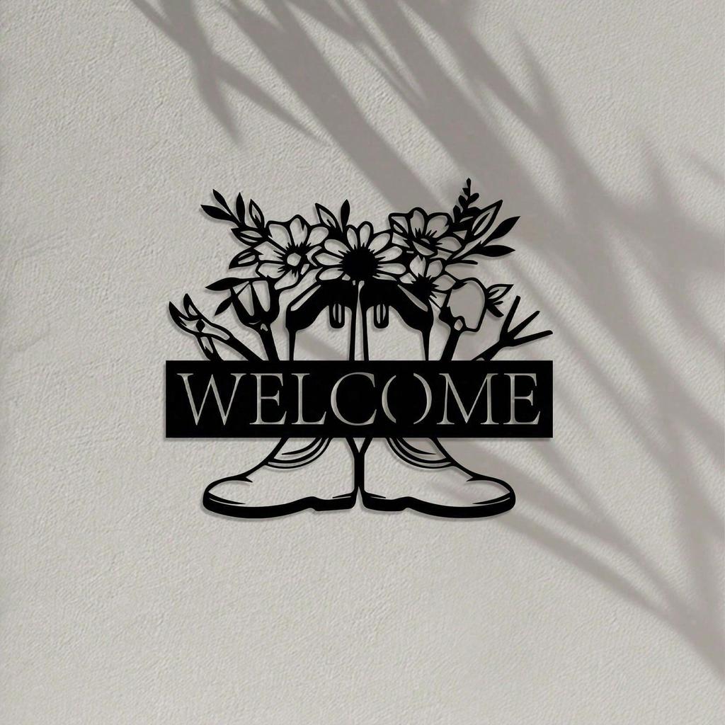 Vintage Metal Wall Art Floral Welcome Sign Durable Iron Garden Decor for Patio Yard Indoors Outdoors Easy Mount Gift