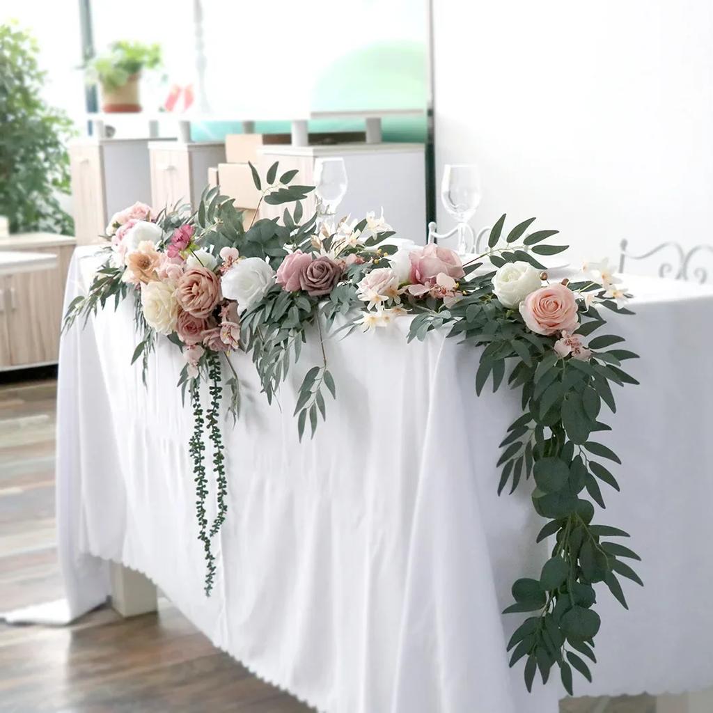 2.7M Artificial Wedding Eucalyptus Garland Runner with Rose Flowers Rustic Floral Table Centerpieces Boho Wed Decoration
