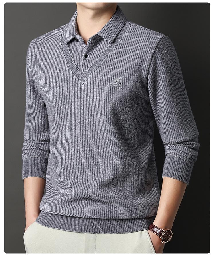 Men's 2025 Winter Knit Sweater with Shirt Collar - Plus Velvet, Thick, Warm, Long Sleeve, Fake Two-Piece Design for Middle-Aged