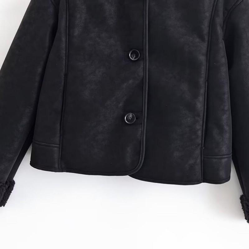 Womens Fleece-Lined Suede Jacket Short Warm Hoodless Coat Casual Korean Style Fall Winter