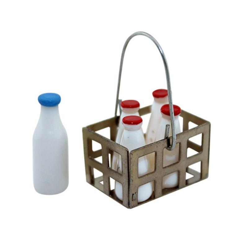 

5Pieces Miniature Milk Bottle and Basket for 1/12 Scale Dollhouses Kitchen and Dining Room Scene Displaying Accessory 1