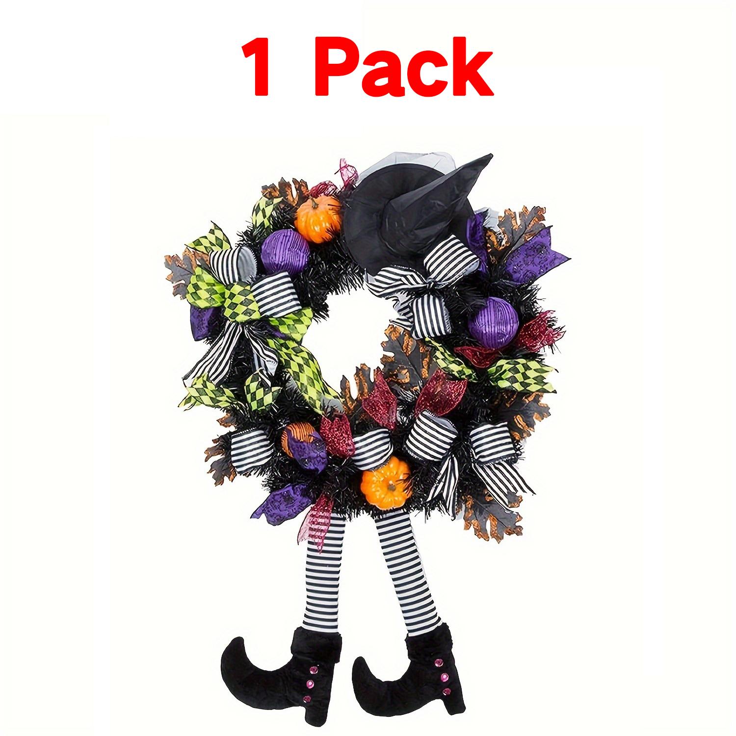 Хэллоуинский венок - Хэллоуинские венки для входной двери - 24-дюймовый ведьминский хэллоуинский венок со шляпой, ведьминскими ногами, тыквой