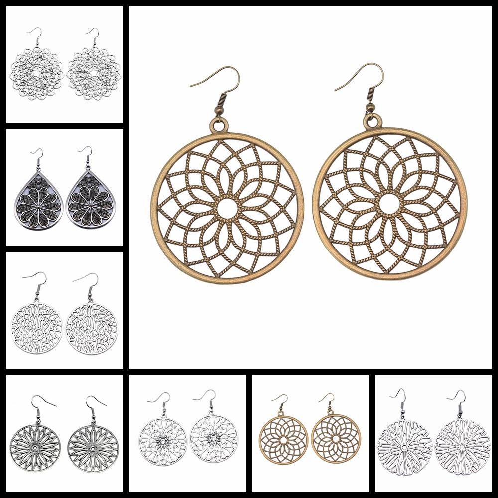 Bohemia Vintage Carve Mandala Flower Antique Silver Color Drop Dangle Earring For Women Girl Antique Hollow Jewelry