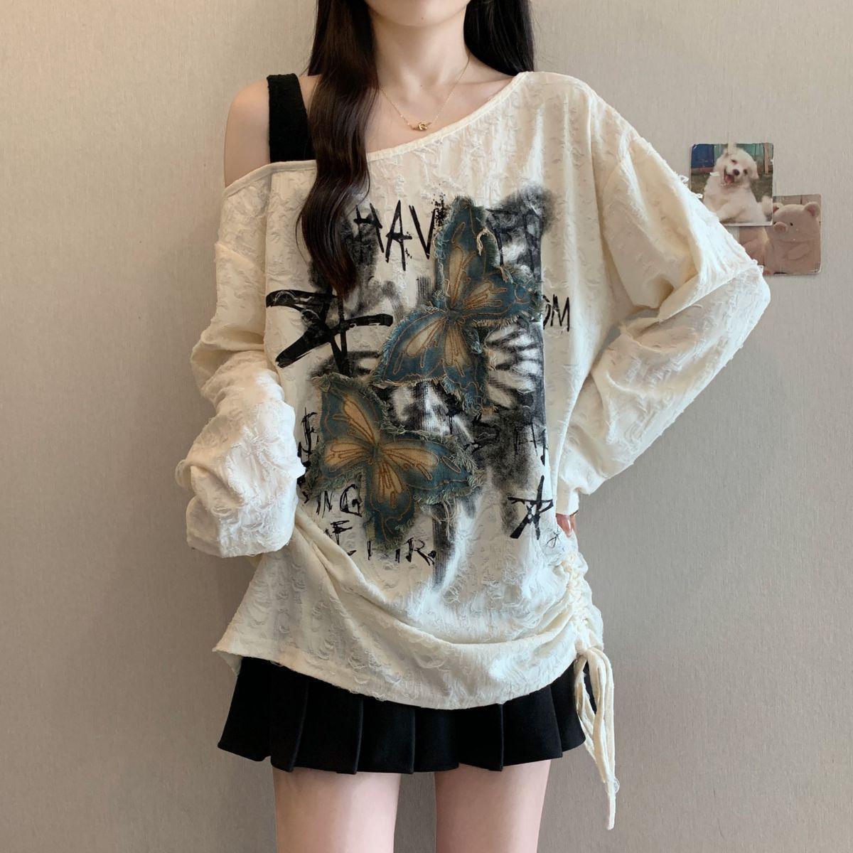 

Plus Size American-Style Butterfly Applique One-Shoulder Long Sleeve T-Shirt - Women s Slimming Top for Spring/Autumn 2025 3XL (161-180 lbs) абрикосовий