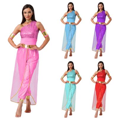 Halloween Arab Princess Costume for Women Belly Dance Jumpsuit Shiny Tulle Overlay with Sleeves