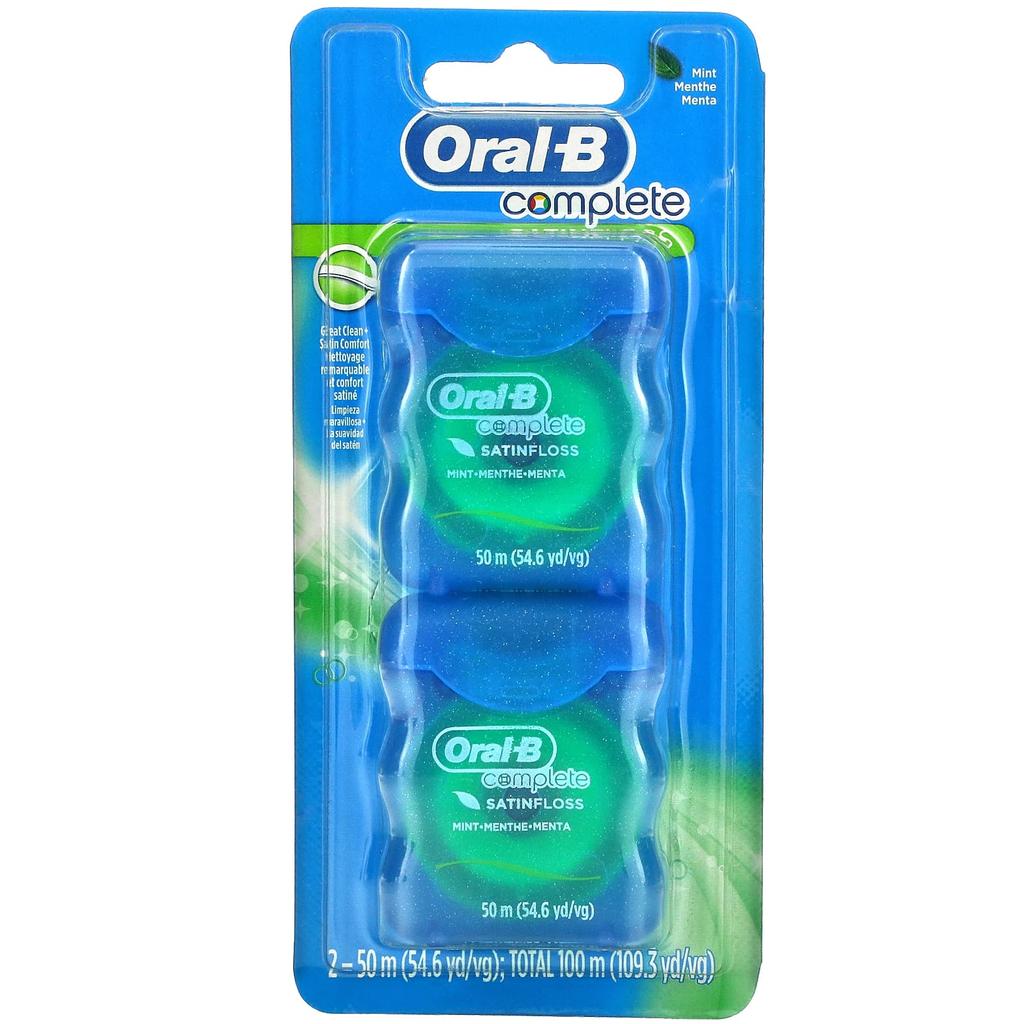Oral-B Complete, Satin Floss, Mint, 2 Packs, 50 M (54.6 Yds) Per Pack.