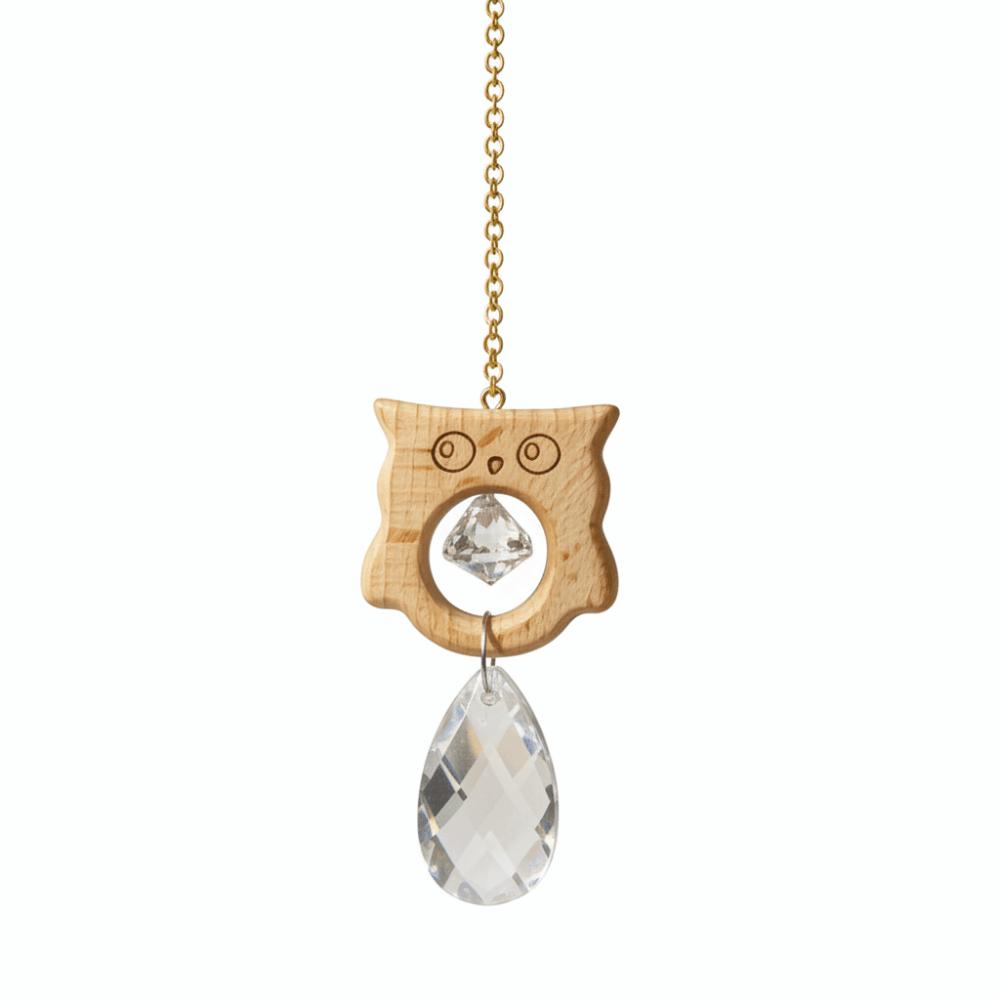 Crystal Wooden Owl Wind Chimes Rotating Wind Spinner Crafts Light Collection Pendant Landscape