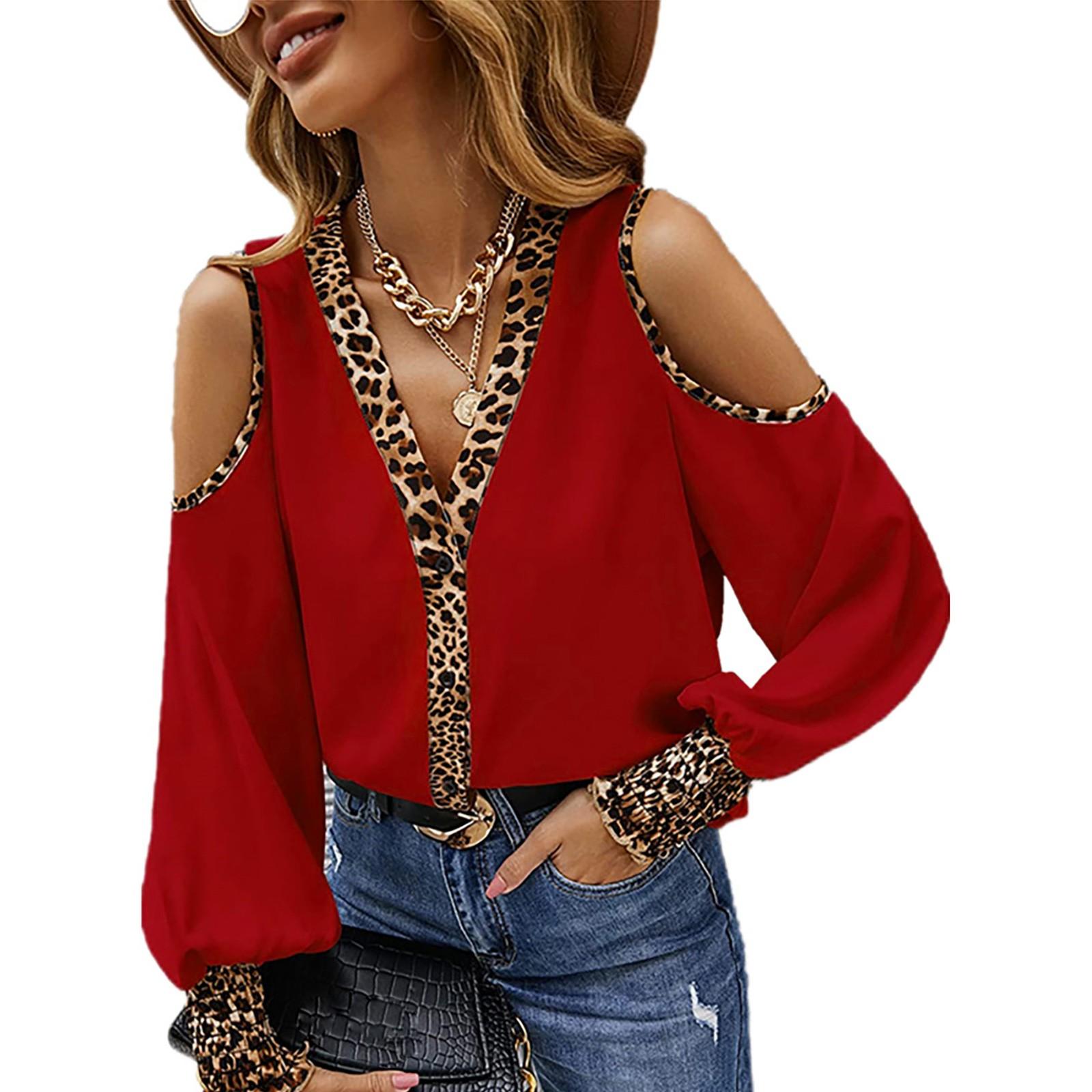 

Women s Casual Leopard Panel V-Neck Button Off Shoulder Long Sleeve Top T-Shirt S червоний