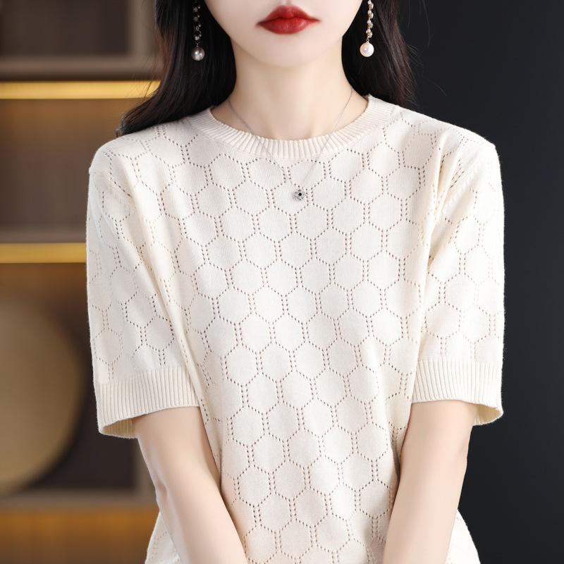 Crew Neck Hollow Knitted Short-sleeved Summer New Solid Color Loose T-shirt Thin Hollow Vest Half-sleeved Top