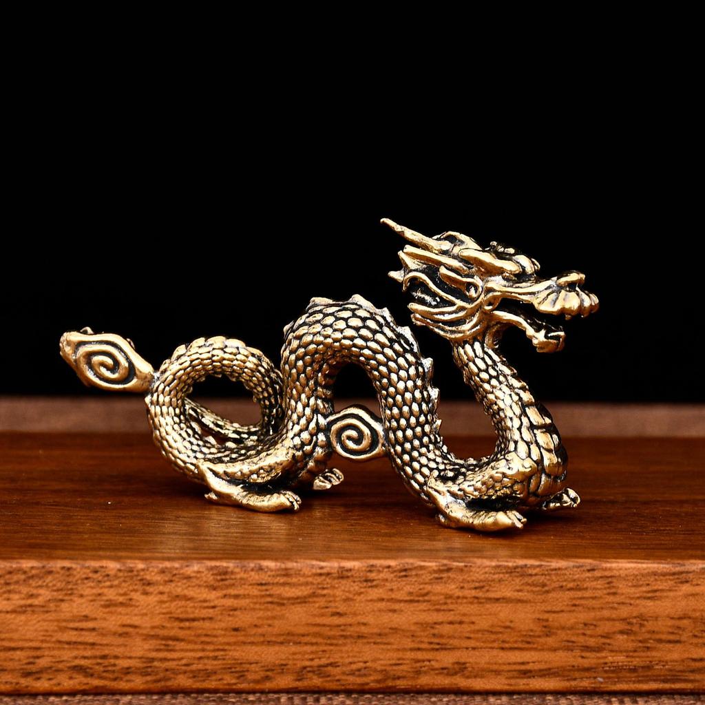 Vintage Brass Zodiac Dragon Small Statue Desktop Ornament Chinese Mythical Beast Figurines Home Feng Shui Decorations Crafts