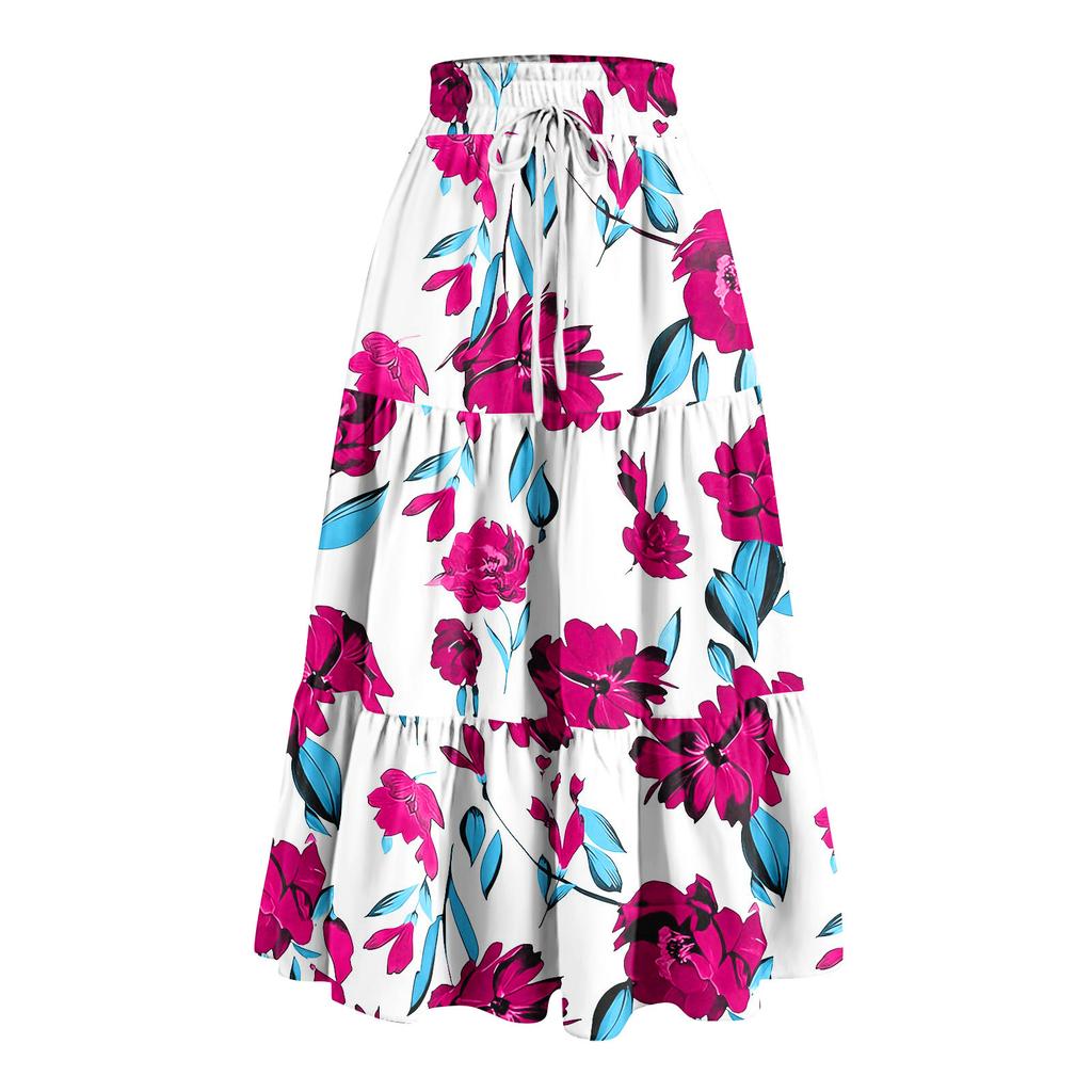 Gonna Lunga Casual Primaverile da Donna con Volant Gonna Tinta Unita Gonna Retro Pieghettata