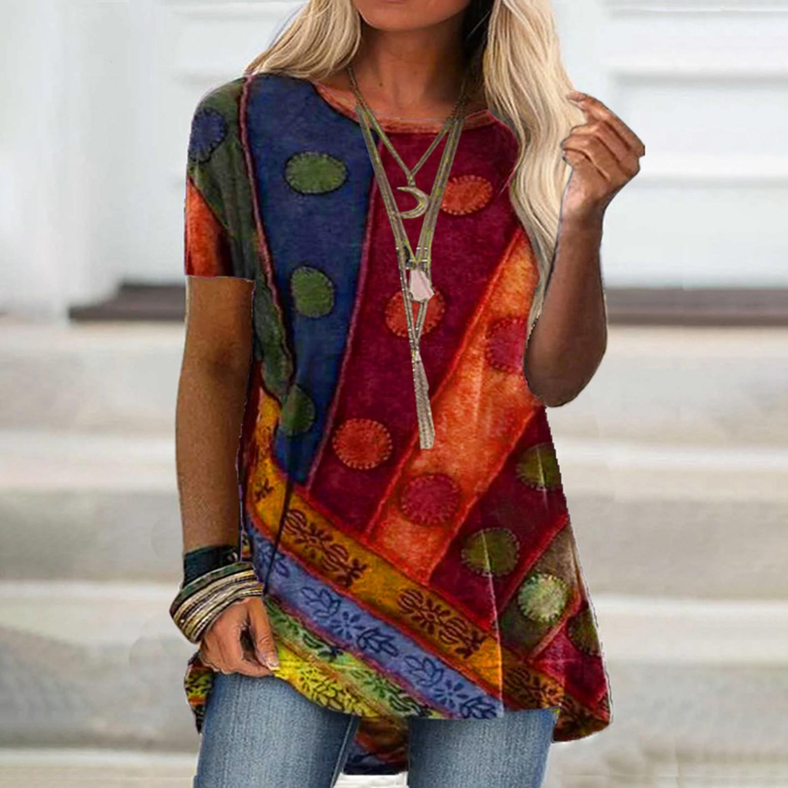 

Женская мода в стиле ретро с круглым вырезом, повседневная футболка с короткими рукавами и цифровой печатью, топ XL винный