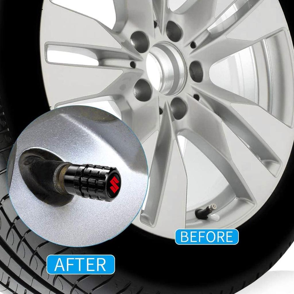 Air Valve Cap, Suzuki, High-Grade Alloy, for Cars and Motorcycles, Tire Valves, Set of 4, Suzuki, Black