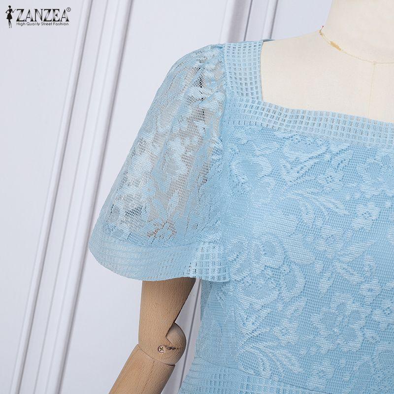 ZANZEA Women Elegant Square Collar Short Sleeve Lace Patchwork Dress