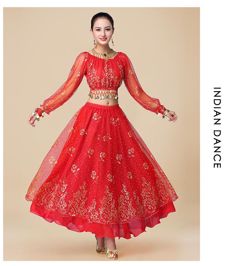 Fantasia de Apresentação de Dança do Ventre Indiana Huayu - Conjunto de Vestido de Manga Comprida de Chiffon para Mulheres