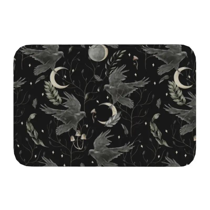 Crow Moon Door Mat Anti-Slip Kitchen Bathroom Halloween Spooky Witch Garage Floor Entrance Rug