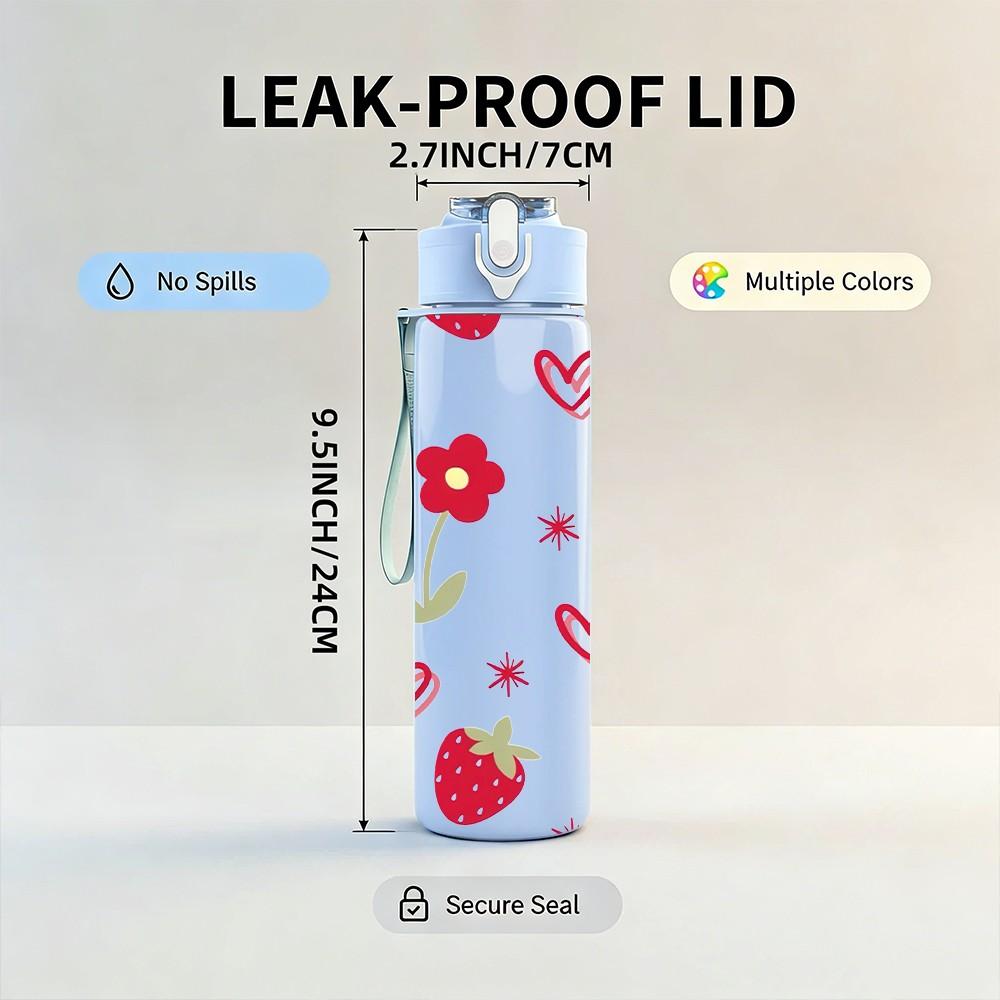 1PC Strawberry And Heart Cute Sweet Pattern 750ml Color Plastic Sports Water Bottle Leakproof Flip Straw Lid Suitable for Sports Office Home Use