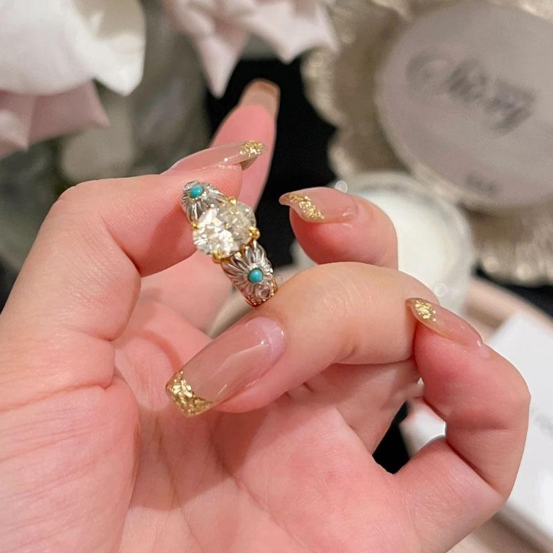 Light Luxury Retro Flower Daisy Rings For Women Fashion And High-End Luxurious Unique Turquoise Ring Gardens Style Jewelry Gift
