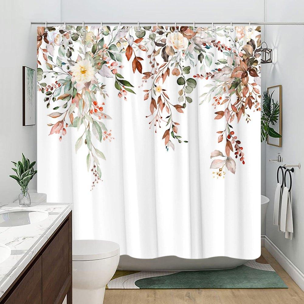 1 Elegant Floral Watercolor Shower Curtain-White And Pink Roses With Green Leaves And Red Berries, Machine Washable For Bathroom