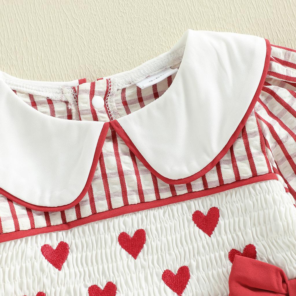 Newborn Infant Baby Girl Rompers Long Sleeve Doll Collar Heart Embroidery Plaid Print Bow Spring Bubble Jumpsuit Cute Clothes
