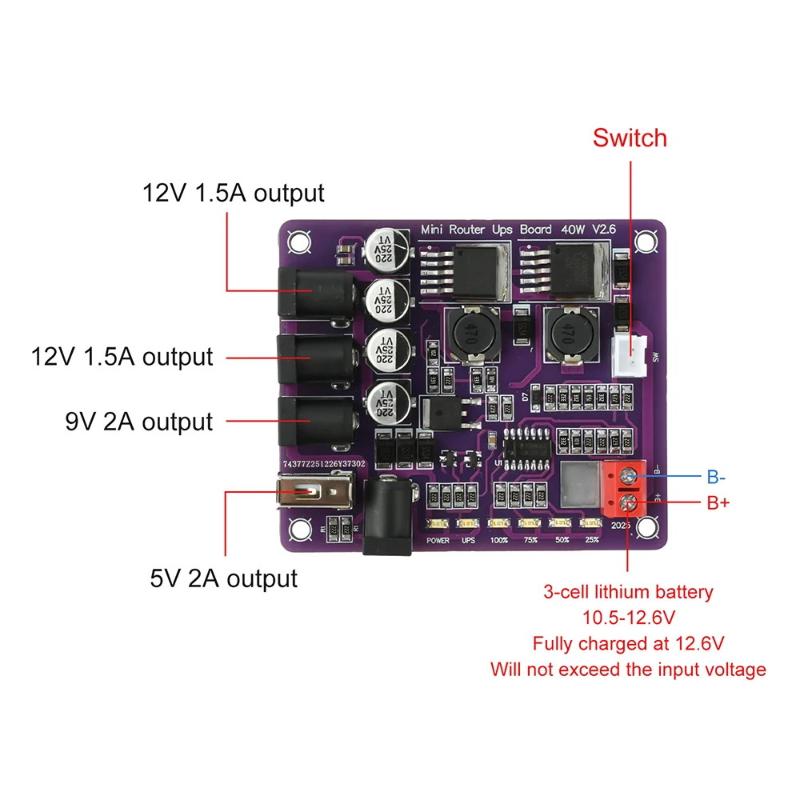 Mini Router Ups Board 40W Battery Charging Board 5V 9V 12V Output Uninterruptible Power Supply Board For Router Backup Power