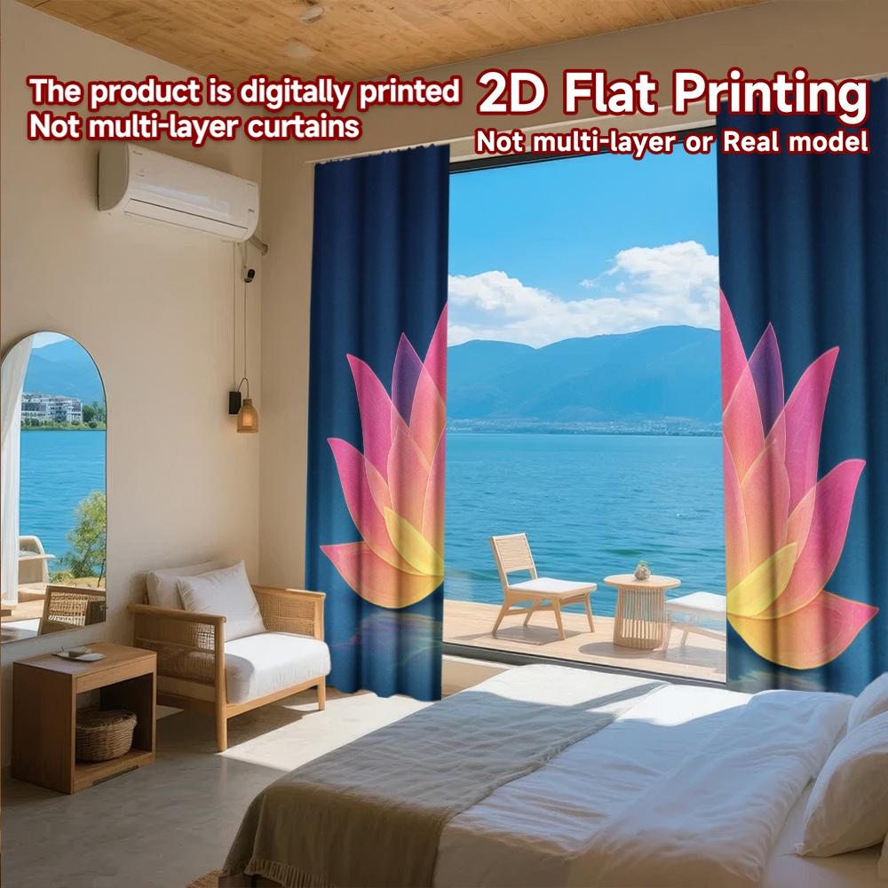 Set Of 2 Modern Flat Printing Curtains Without Rod Glowing Lotus Water Fashionable Curtainments During New Year Holiday Curtain Polyester