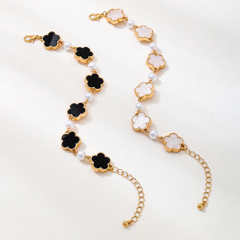 2026 New Classic Five Leaf Flower Charm Bracelet for Women Pearl Splice Chain Wristband Drip Glaze Bangle Luxury Jewelry Gifts