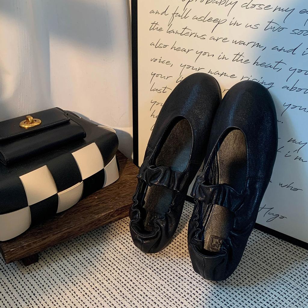 Sheepskin version~ Mary Jane shoes women's new French ballet shoes women's flat-bottomed pleated retro versatile light mouth single shoes